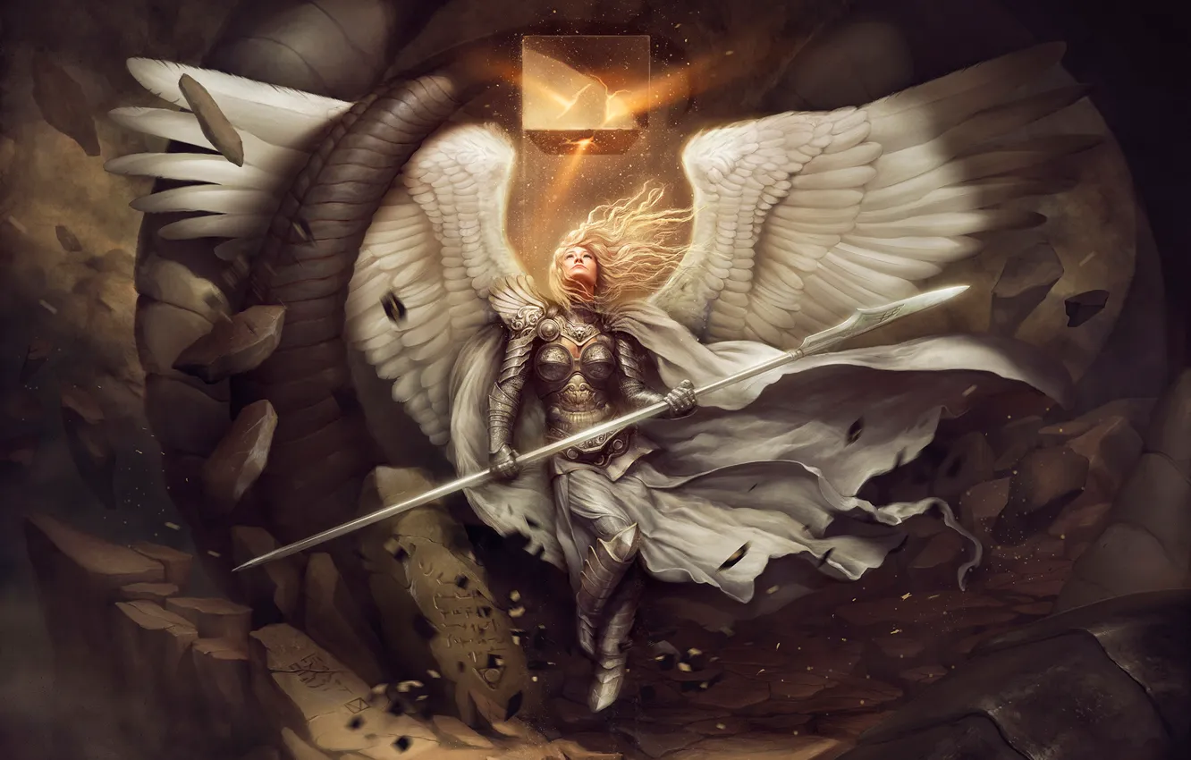 Photo wallpaper the wreckage, girl, stones, wings, angel, art, spear, cube