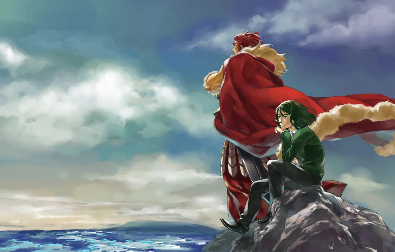 Photo wallpaper sea, stones, warrior, art, guy, Rider, fate zero, ten
