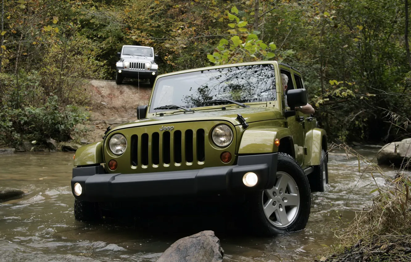Photo wallpaper machine, forest, water, jeep, the roads, car, jeep, wrangler