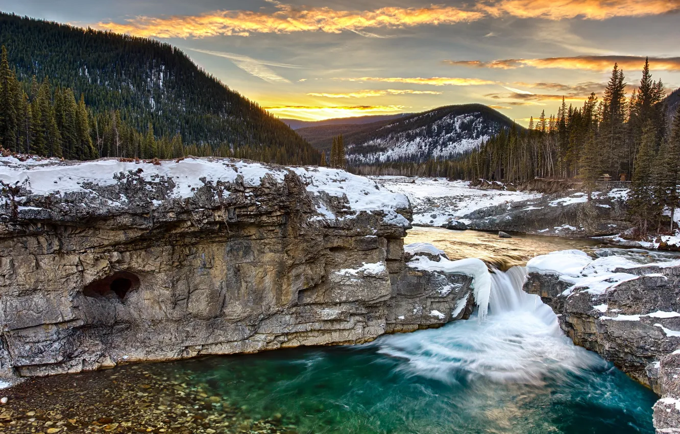 Photo wallpaper winter, forest, snow, mountains, nature, river, morning