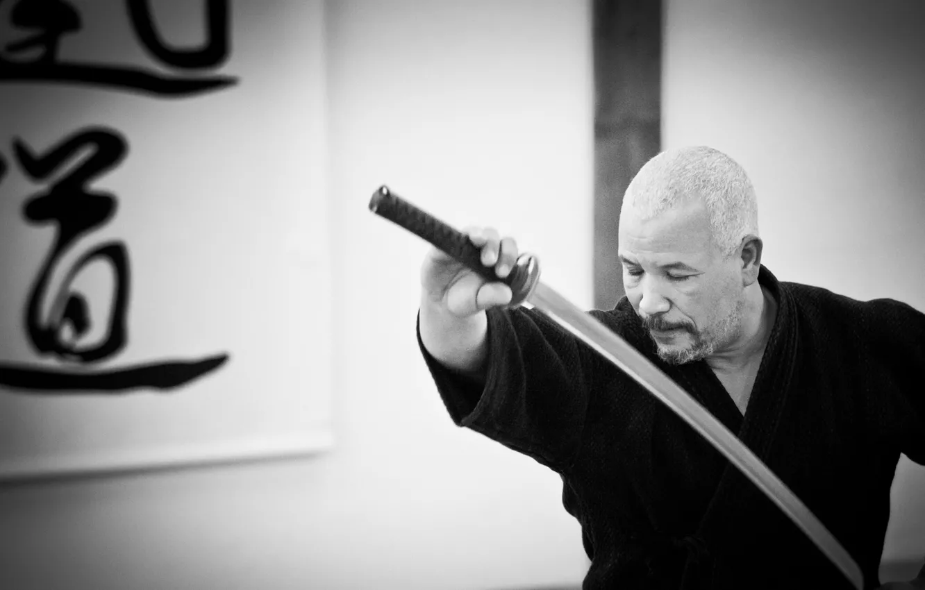 Photo wallpaper katana, samurai, black and white, bushido