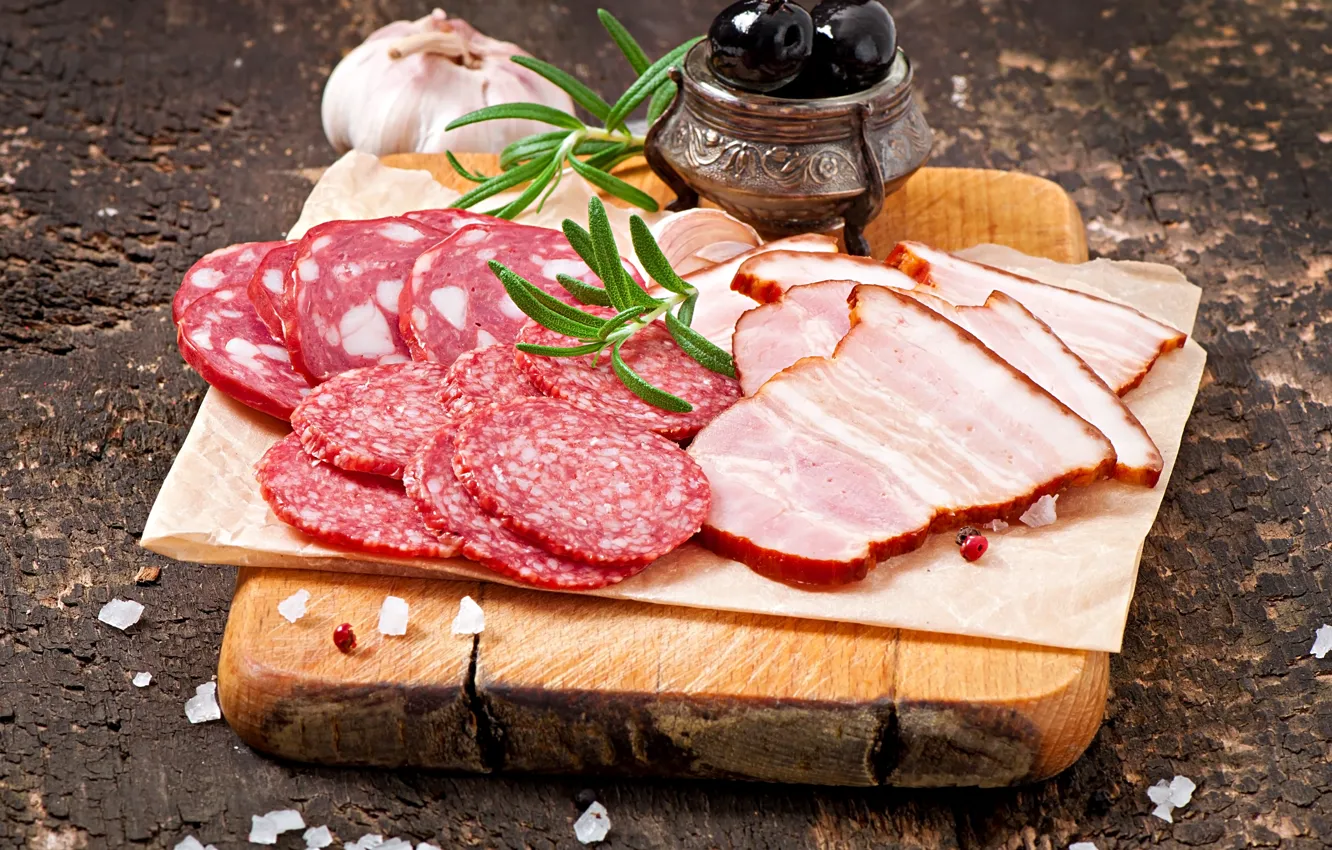 Photo wallpaper sausage, cutting, garlic, ham