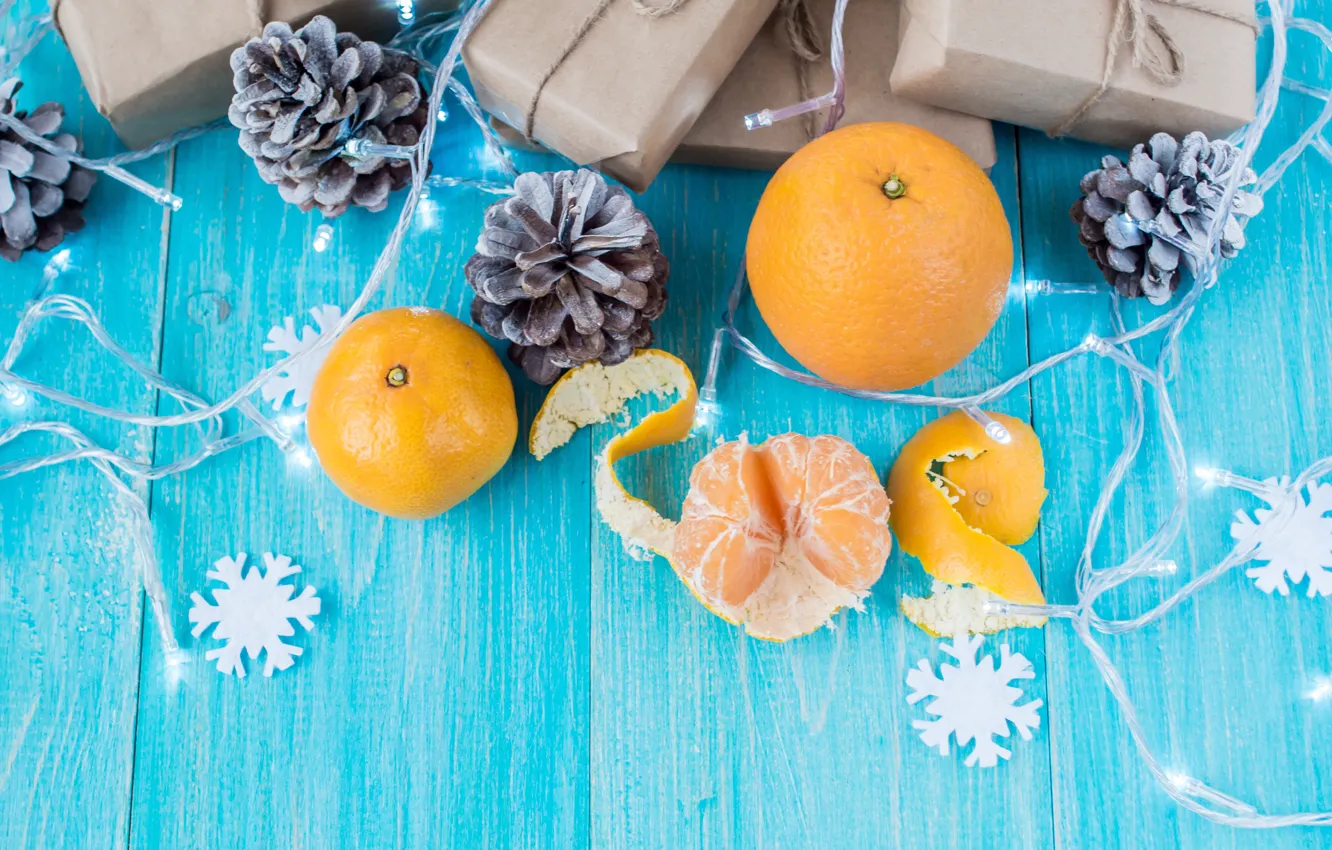 Photo wallpaper decoration, snowflakes, gift, new year, Christmas, Christmas, bumps, wood