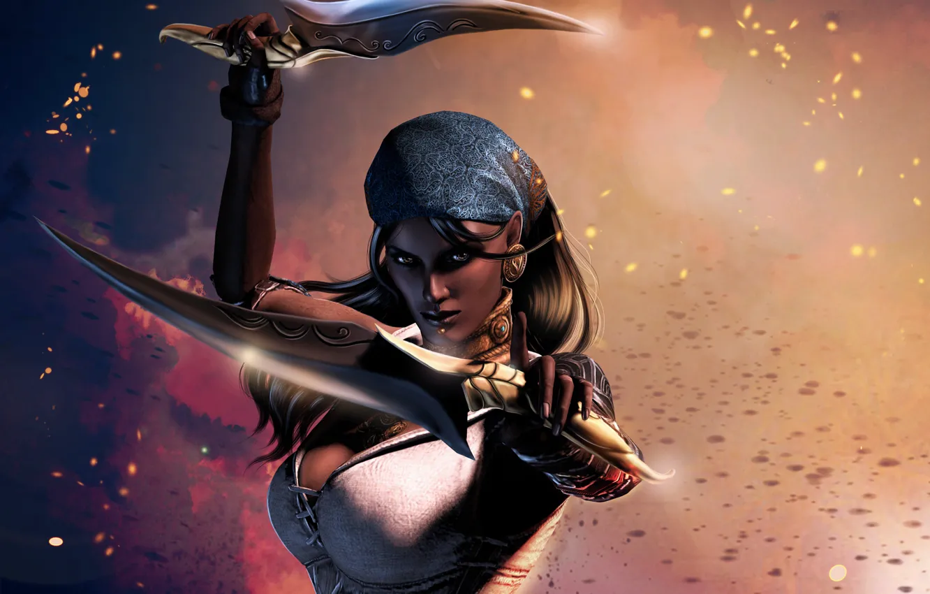 Photo wallpaper look, girl, face, weapons, pattern, earrings, hands, knife