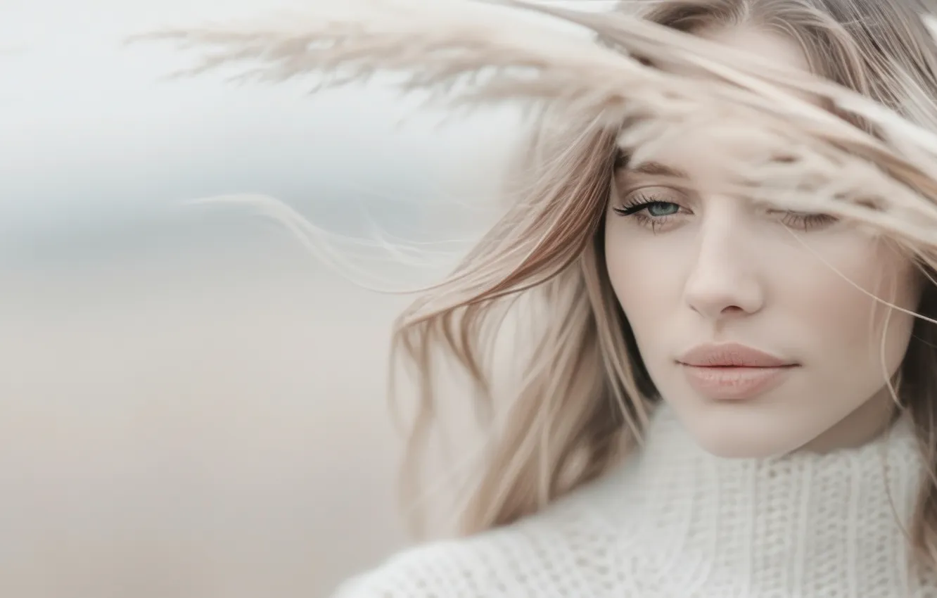 Photo wallpaper look, girl, face, the wind, portrait, spikelets, blonde, light background