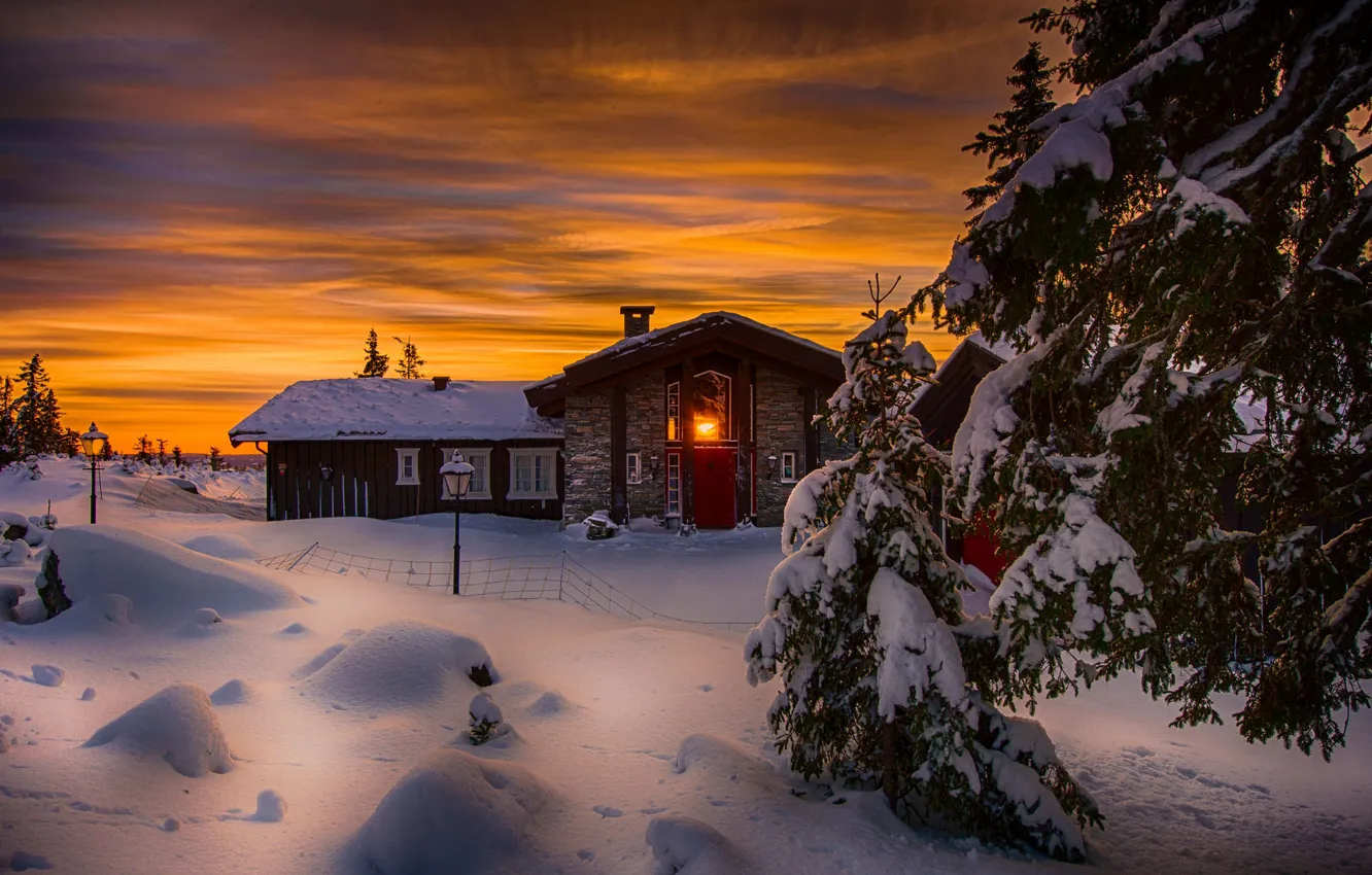 Photo wallpaper winter, snow, trees, landscape, sunset, nature, house, ate
