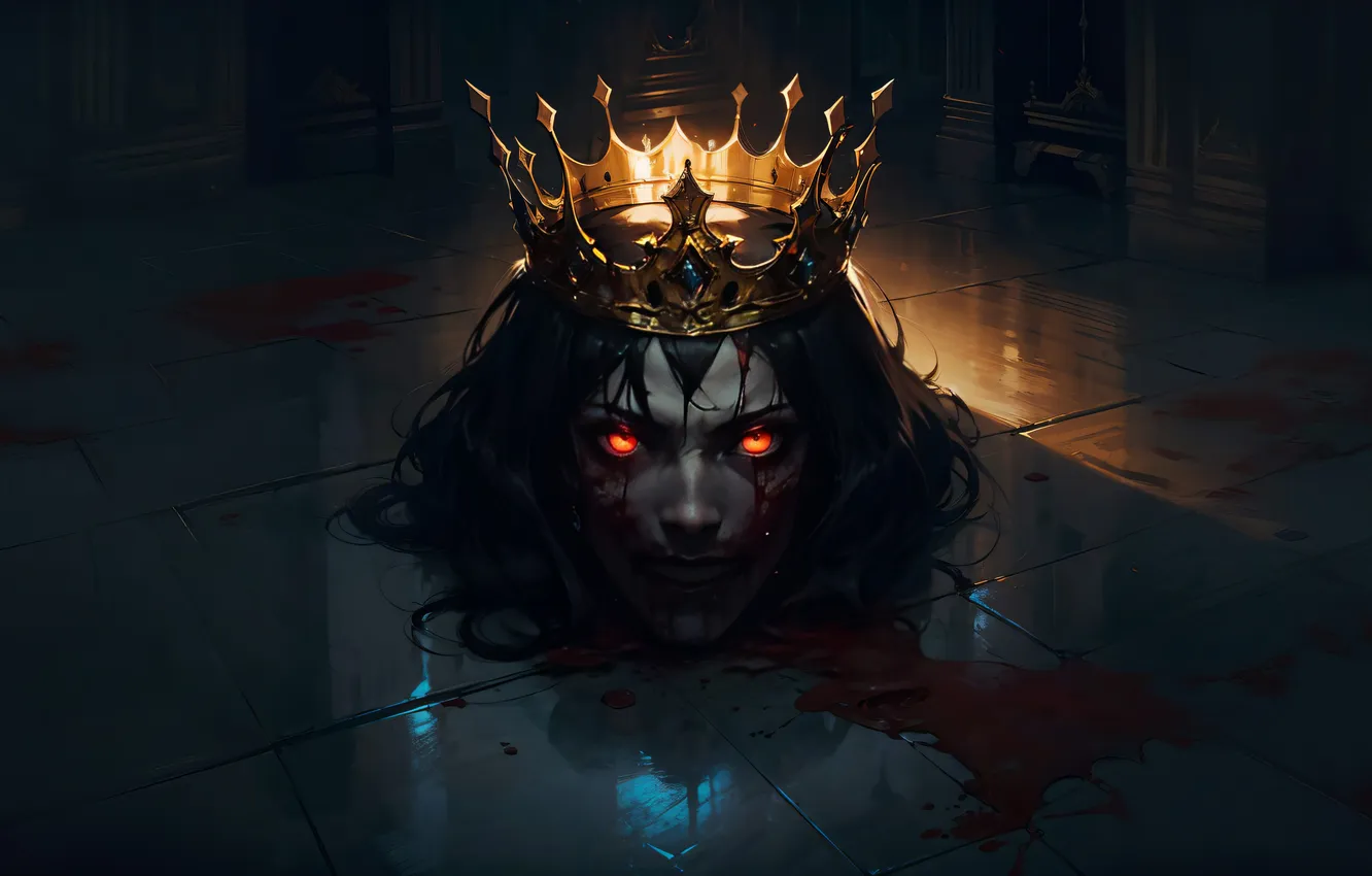 Photo wallpaper crown, horror, red eyes, black hair, on the floor, bloody tears, blood, in the dark
