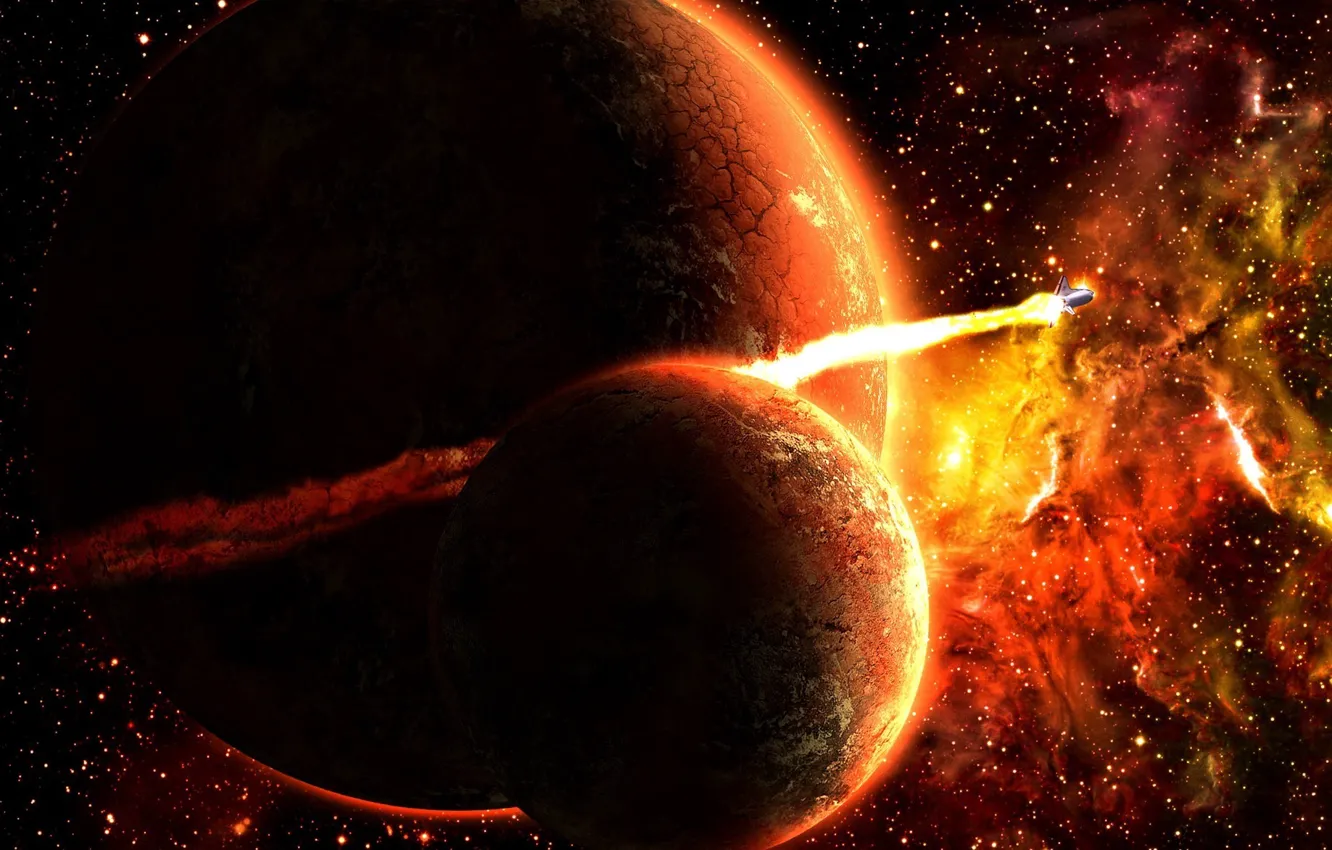 Photo wallpaper lights, planet, satellite, rocket