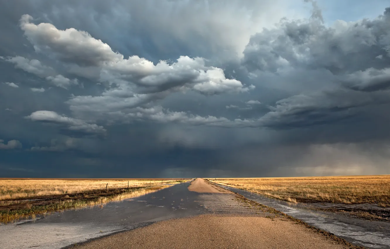 Photo wallpaper road, field, clouds, puddle, after the rain