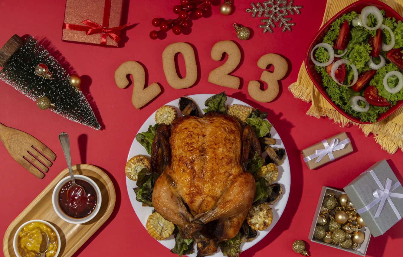 Photo wallpaper balls, snowflakes, holiday, toy, new year, food, chicken, corn