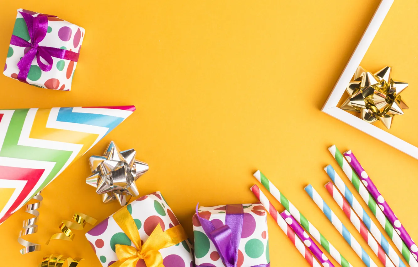 Photo wallpaper birthday, holiday, box, gift, sticks, frame, bow, serpentine