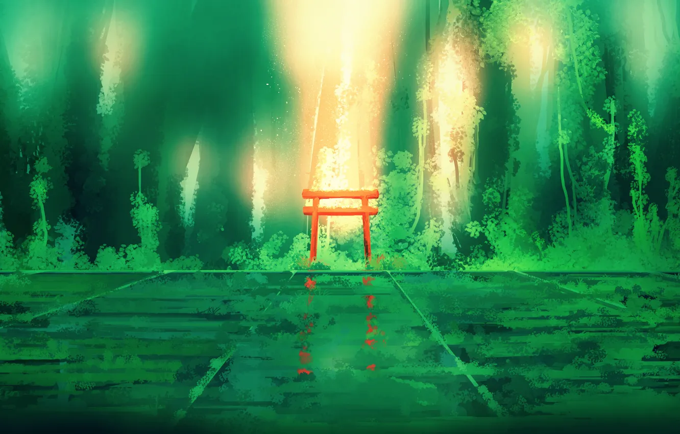 Photo wallpaper torii, water, overgrown with greenery, abandoned