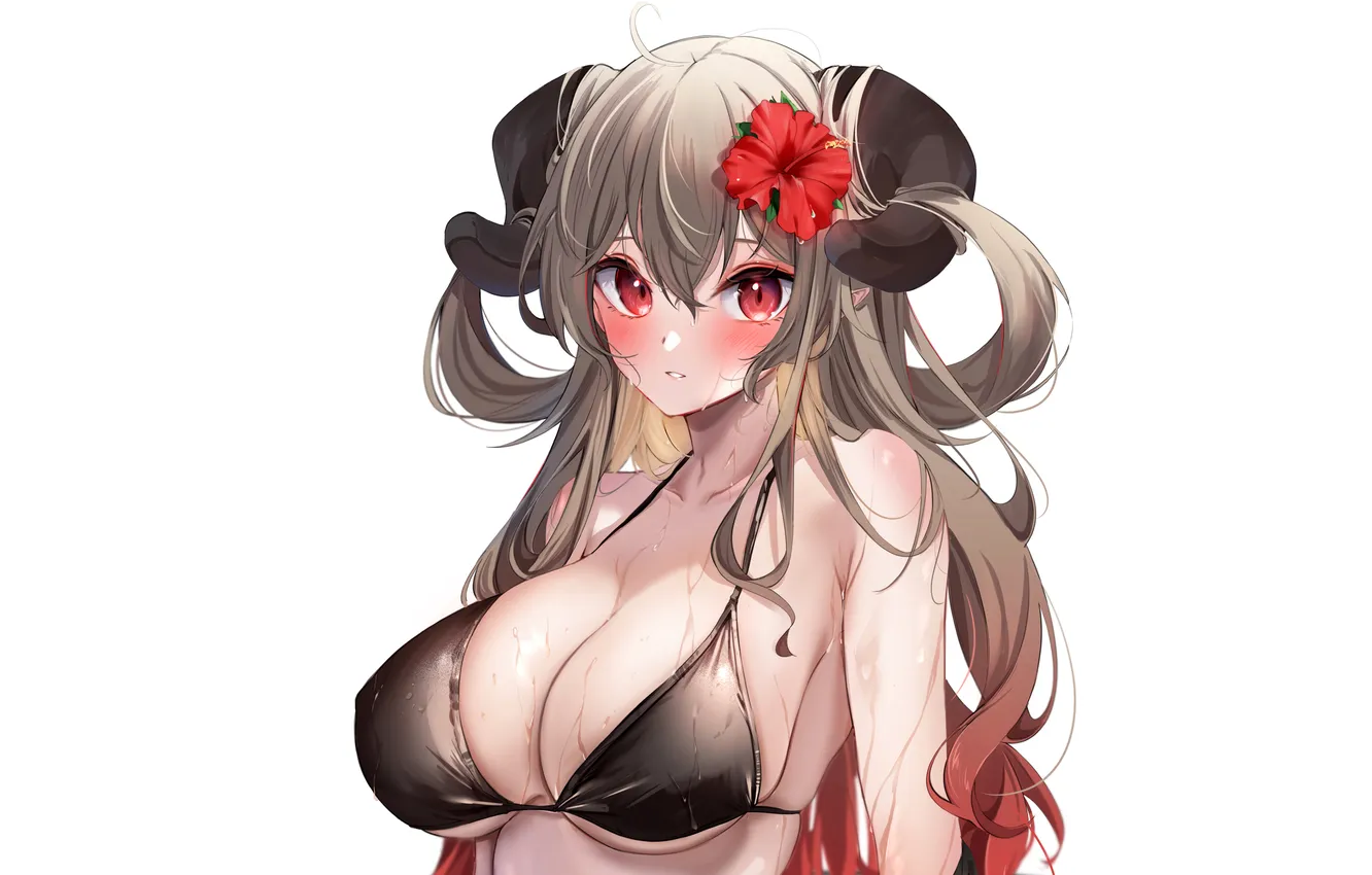 Photo wallpaper girl, sexy, wet, cleavage, flower, horns, long hair, boobs