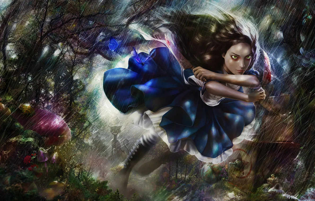 Photo wallpaper girl, knife, cat, art, alice, Cheshire Cat, Alice: Madness Returns