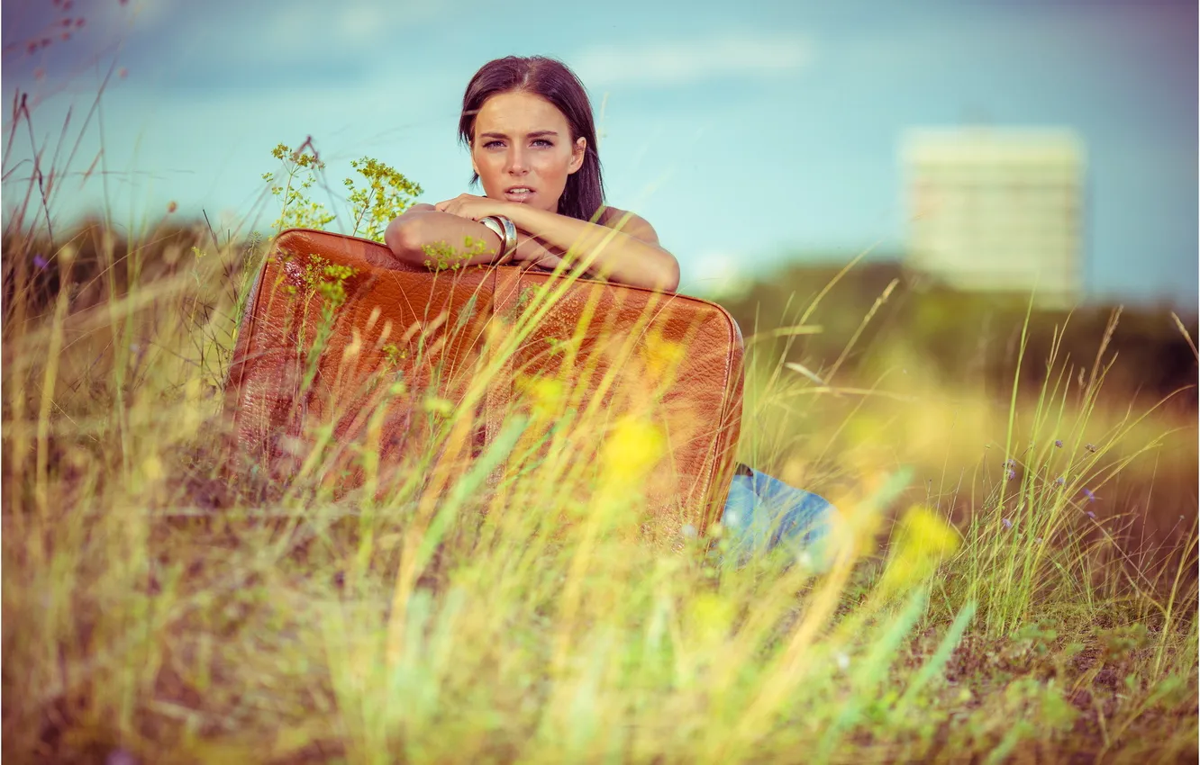 Photo wallpaper girl, suitcase, sitting