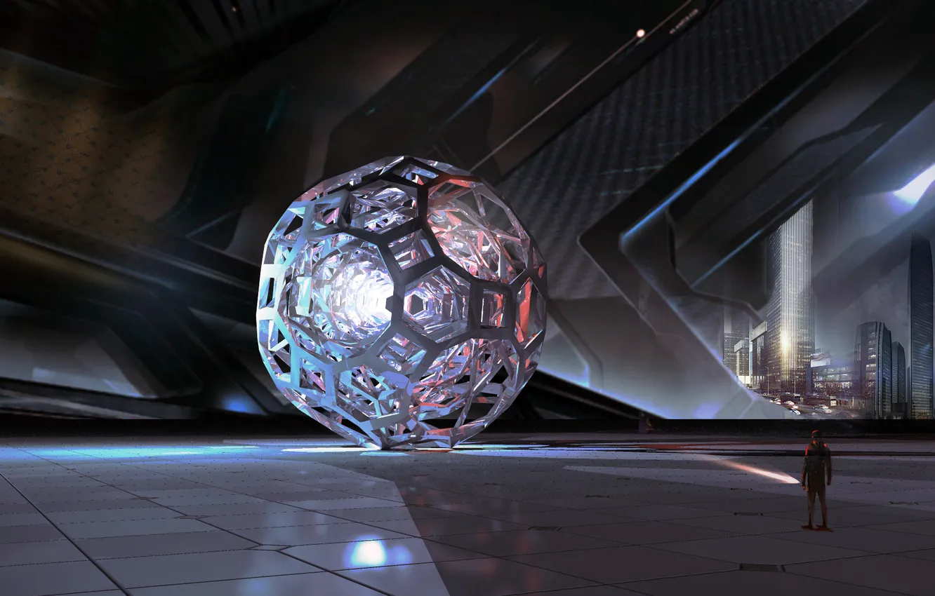 Photo wallpaper glass, light, the city, future, fiction, balls, art, hall