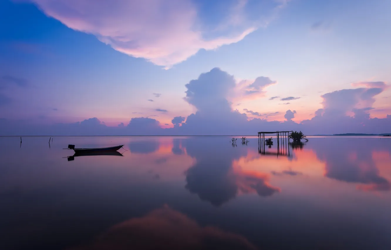Photo wallpaper sea, the sky, clouds, lake, reflection, boat, the evening