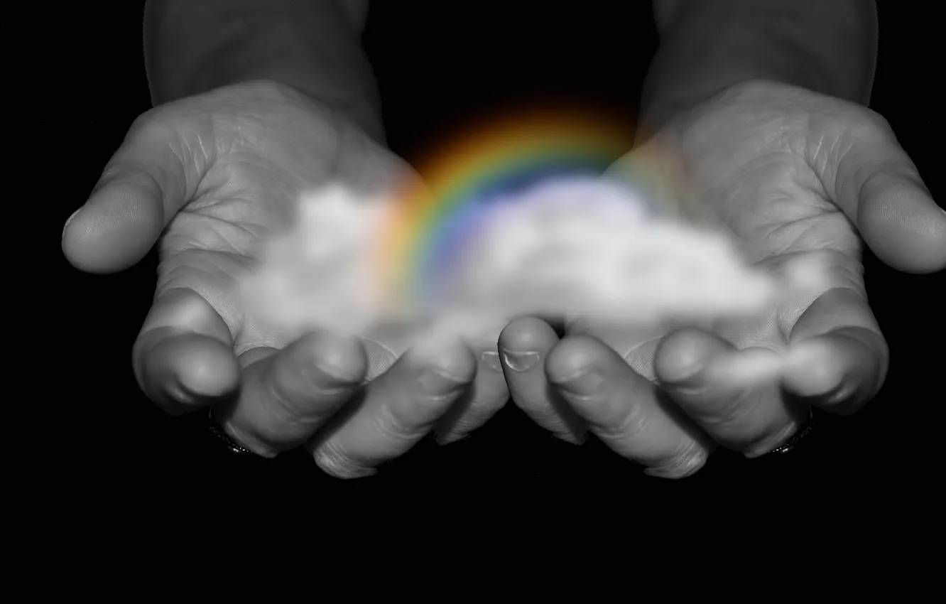 Photo wallpaper rainbow, hands, palm
