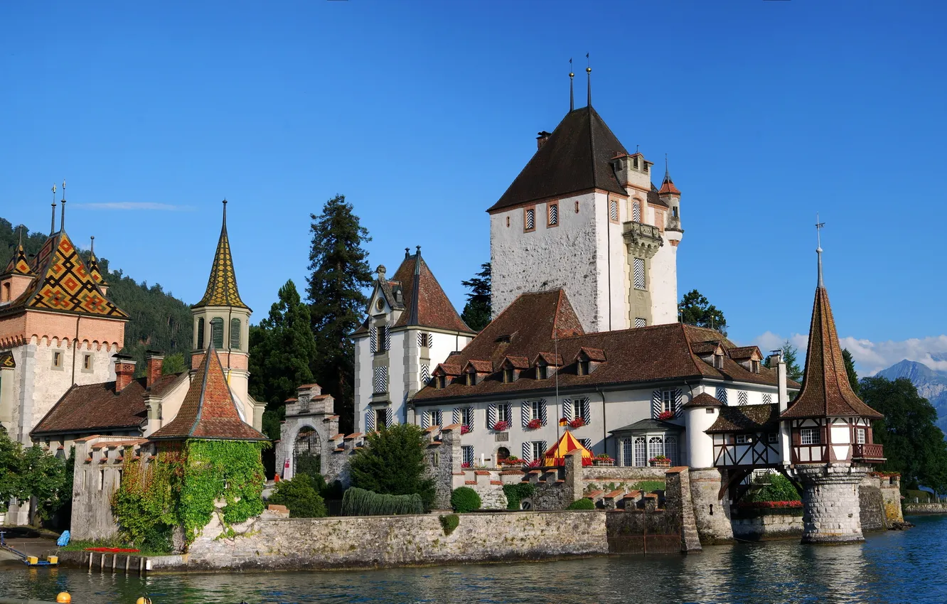 Photo wallpaper water, mountains, nature, castle, Switzerland, architecture, Switzerland, the sky.