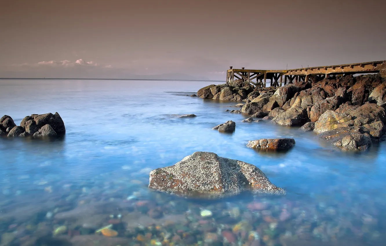 Photo wallpaper sea, the sky, water, bridge, stones, shore
