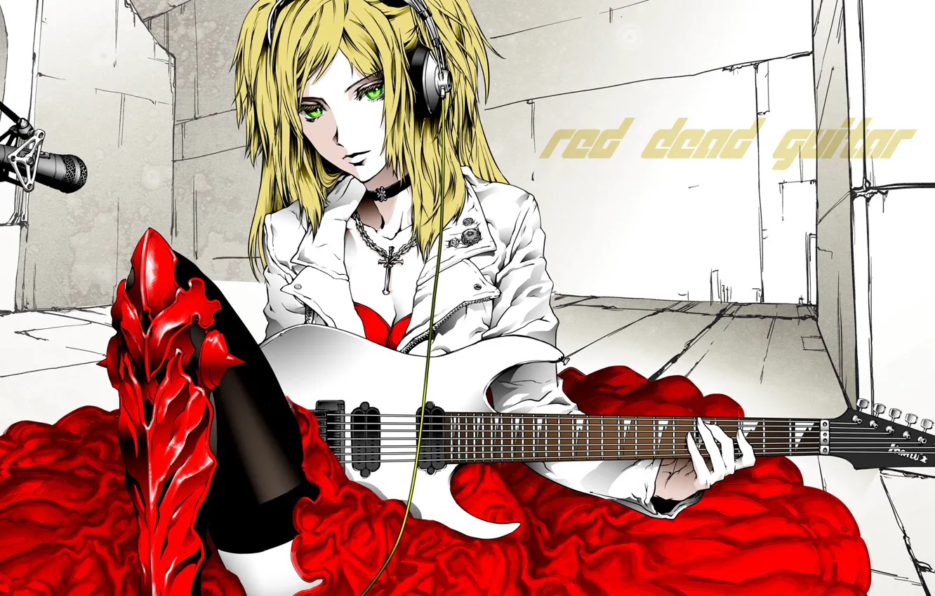 Photo wallpaper guitar, dress, blonde, microphone, electric guitar, green eyes