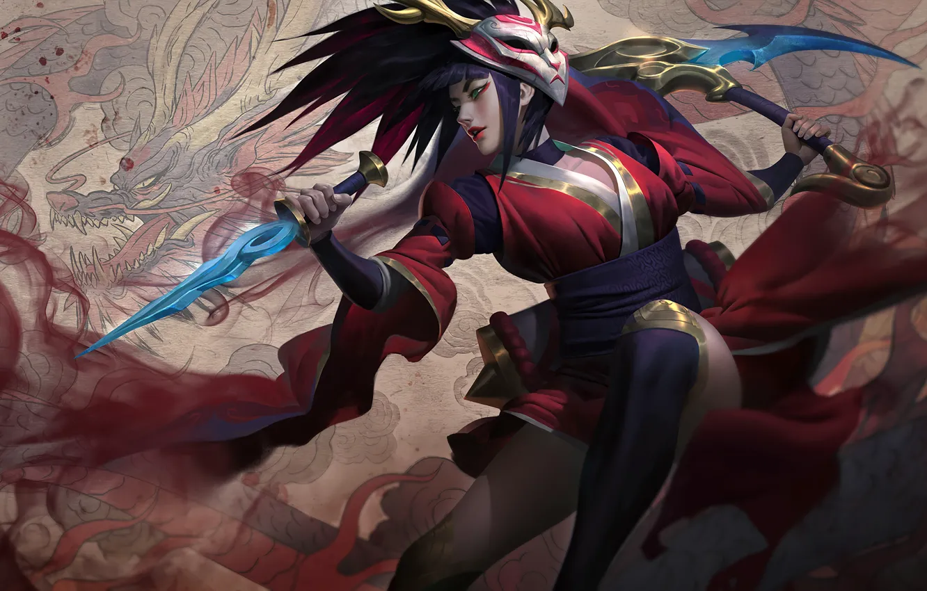 Photo wallpaper the moon, blood, dragon, stockings, mask, blade, splash, Akali
