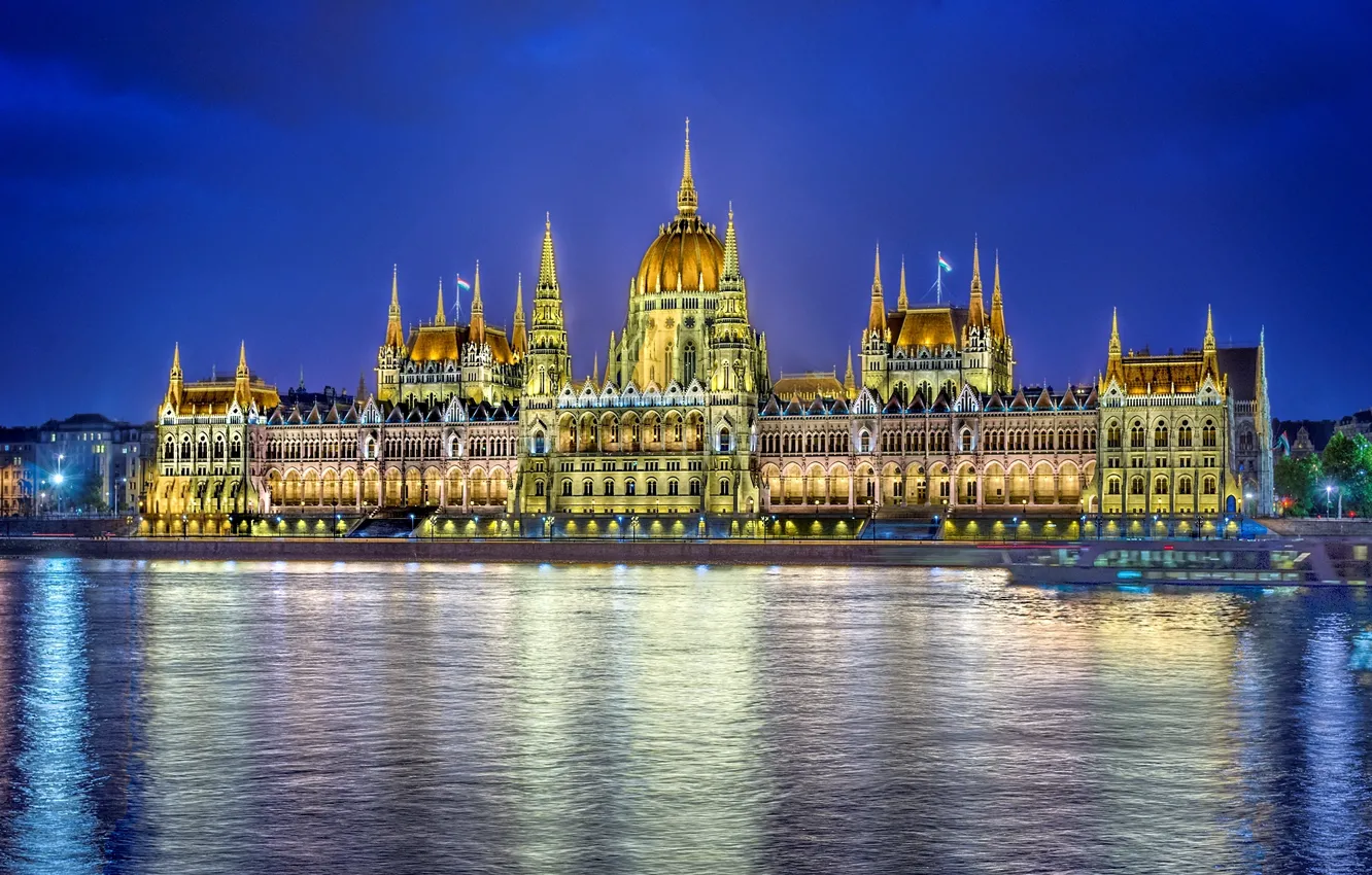Photo wallpaper water, night, the city, reflection, river, building, lighting, Parliament
