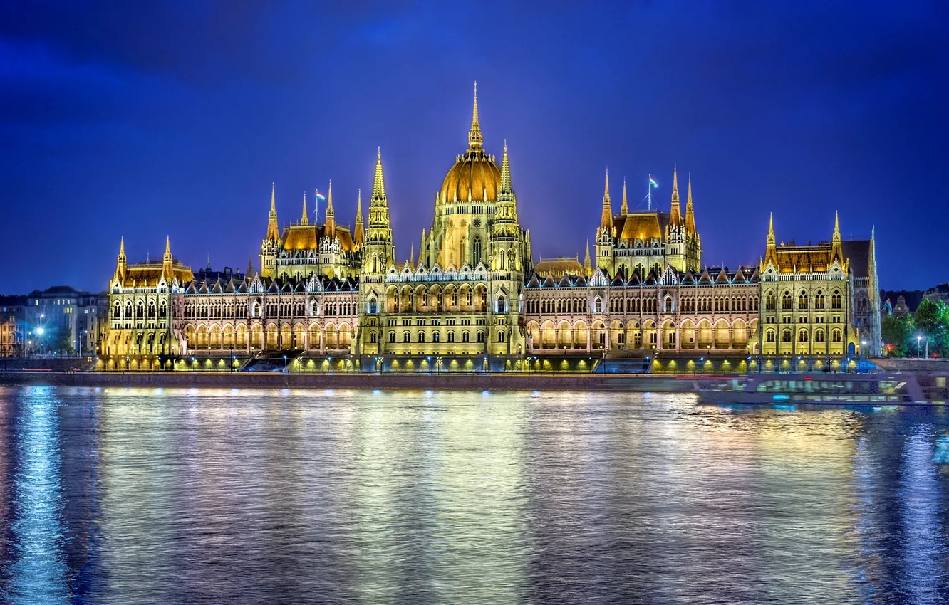 Photo wallpaper water, night, the city, reflection, river, the building, lighting, Parliament