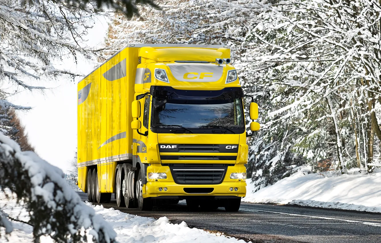 Photo wallpaper Winter, Road, Snow, Truck, Wallpaper, Yellow, Truck, DAF