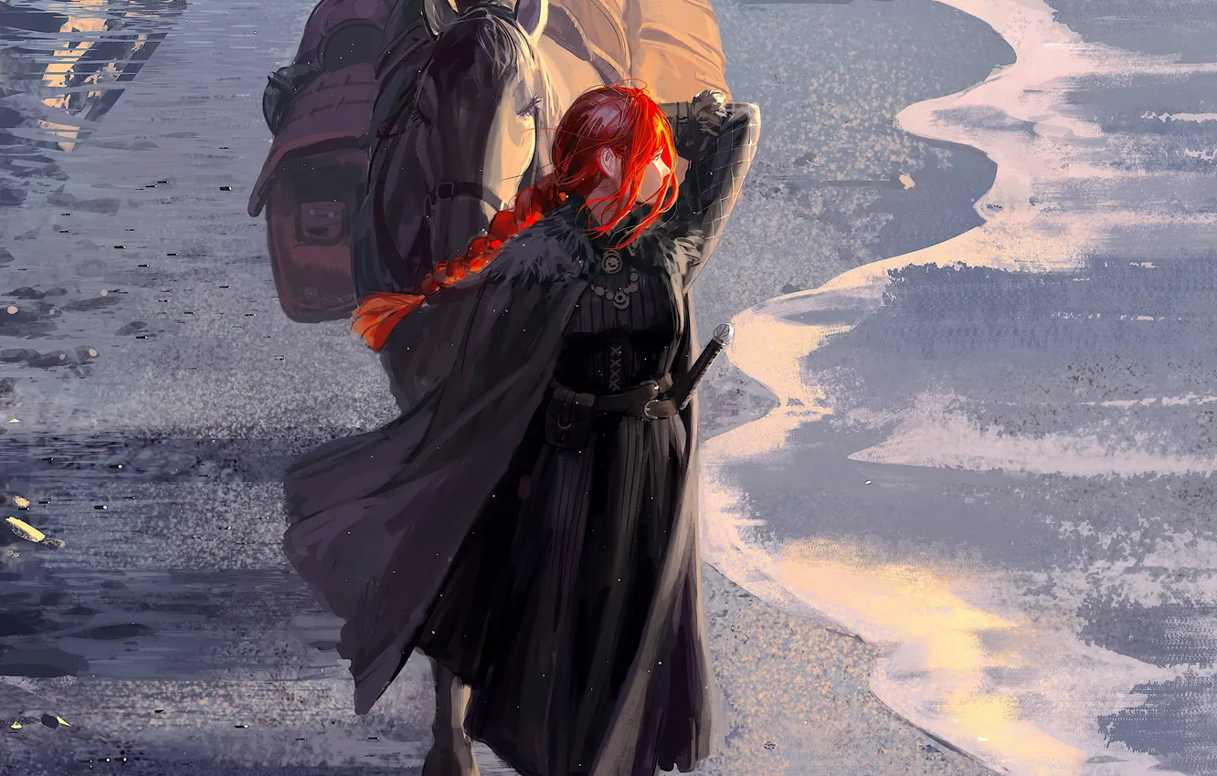 Photo wallpaper girl, sword, fantasy, beach, sea, redhead, horse, digital art