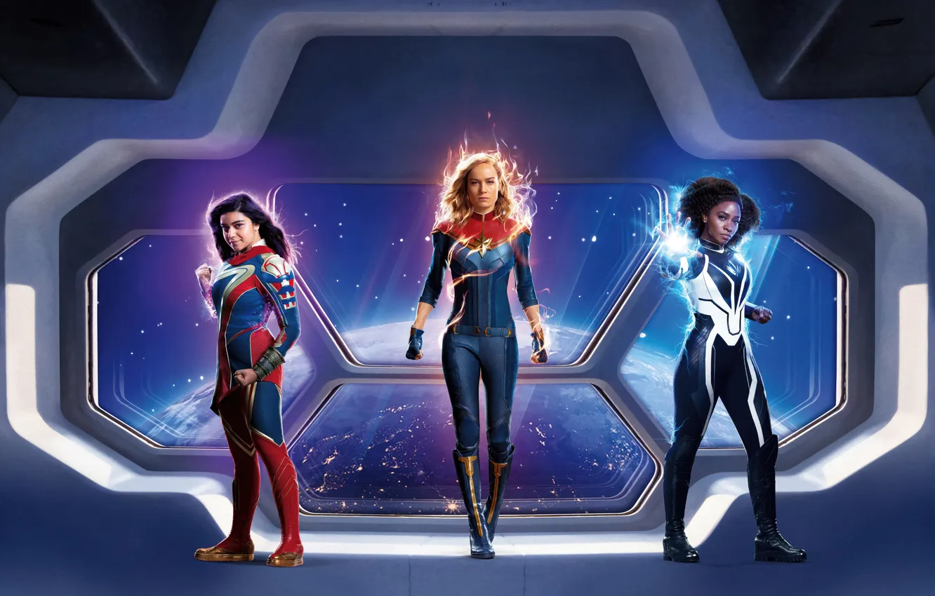 Photo wallpaper girl, space, fiction, planet, costume, poster, spaceship, Marvel