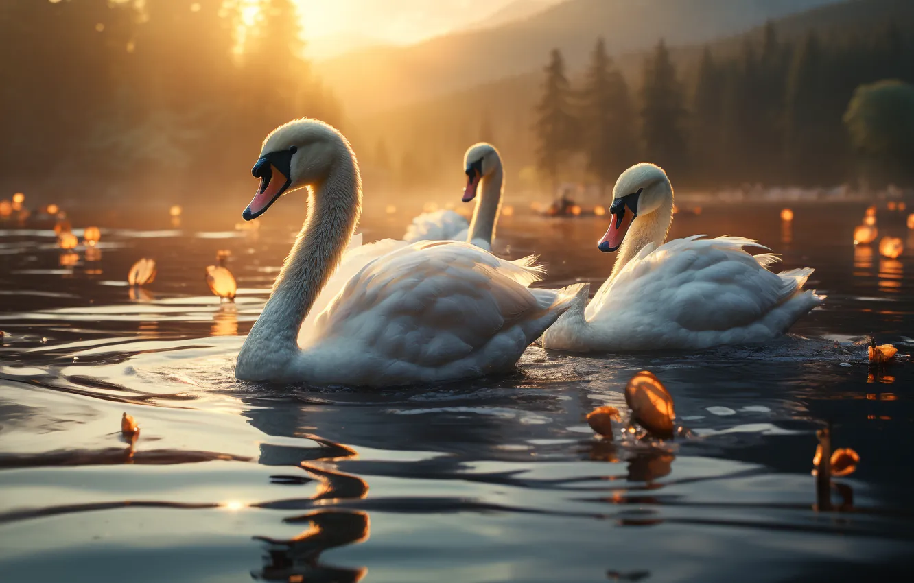Photo wallpaper nature, lake, pond, bird, shore, white, swans, pond