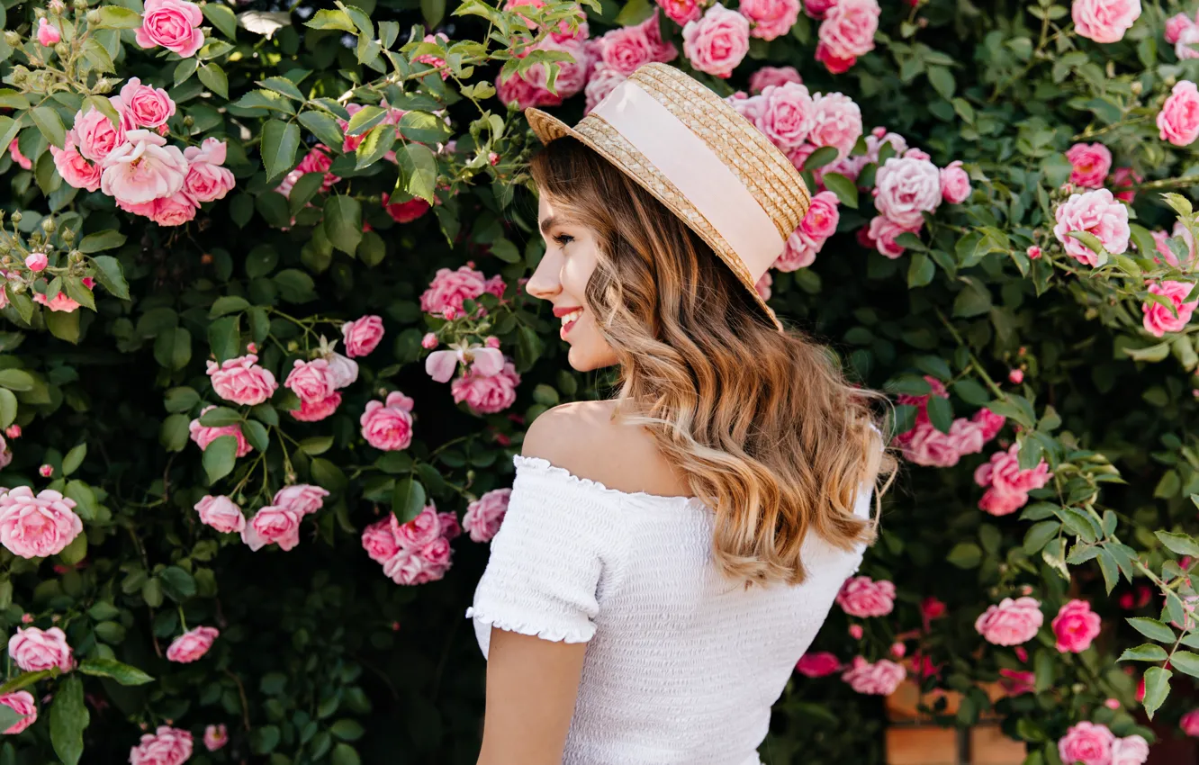 Photo wallpaper summer, girl, joy, flowers, smile, roses, positive, hat