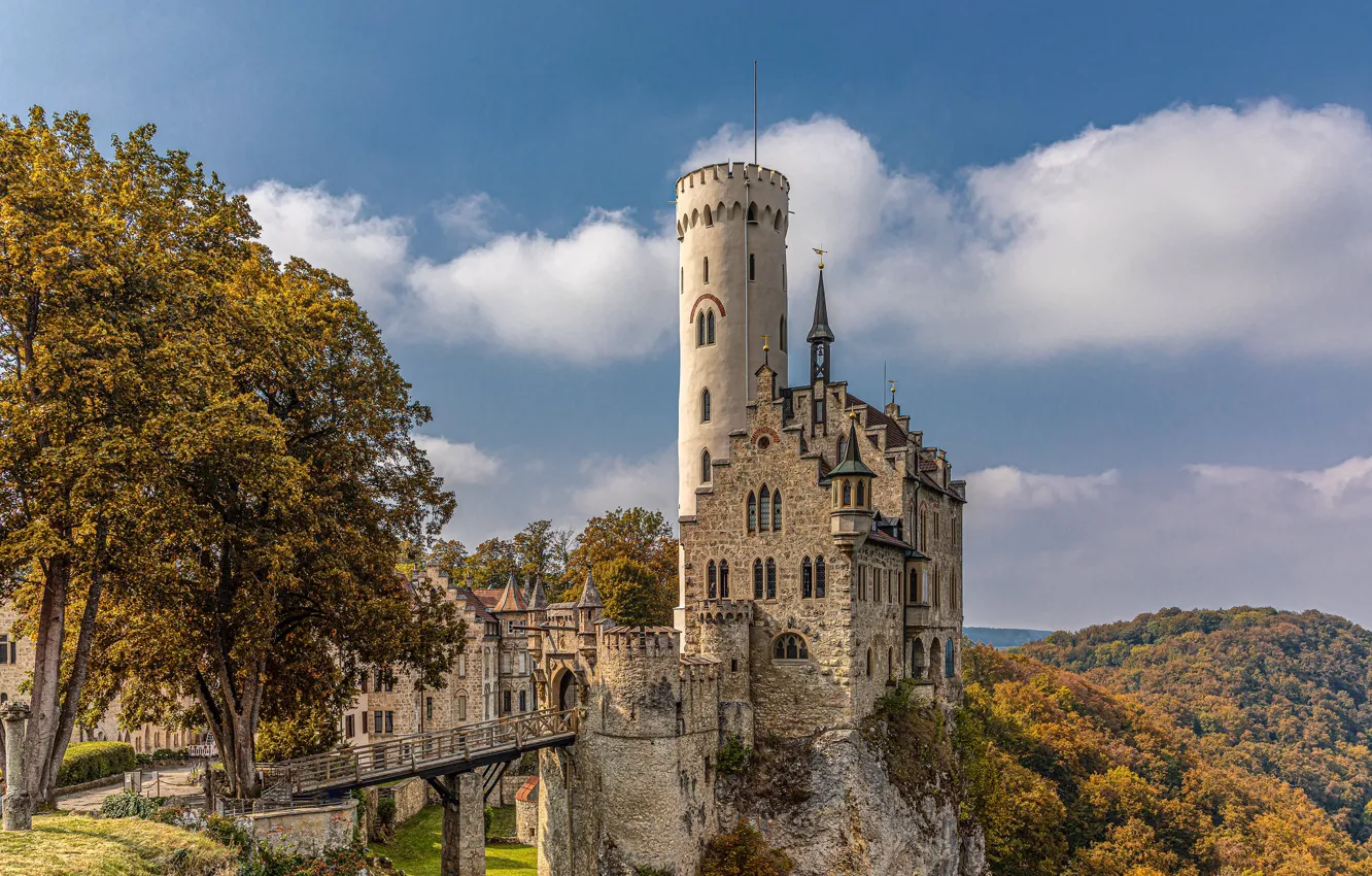 Photo wallpaper autumn, forest, trees, bridge, castle, Germany, Germany, Lichtenstein
