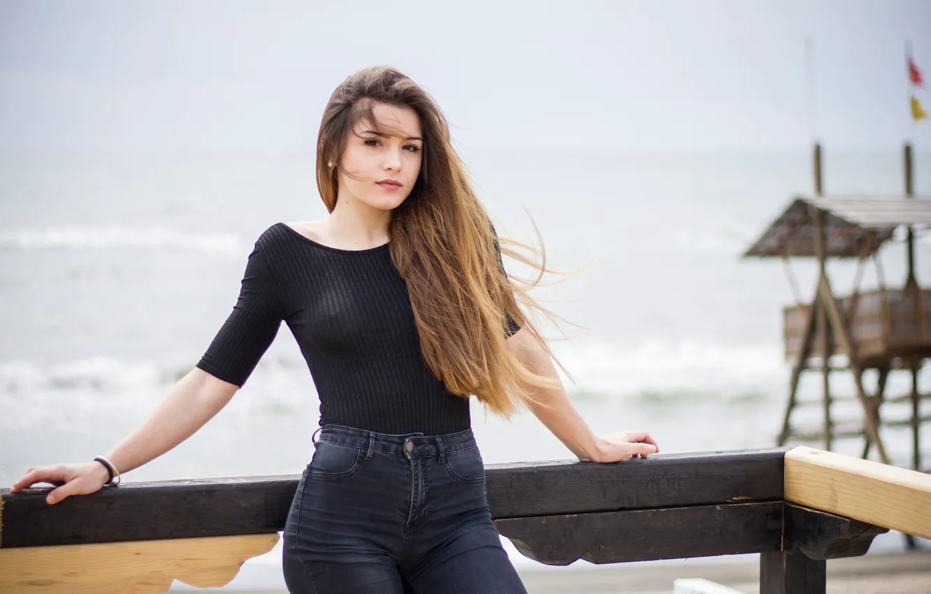 Photo wallpaper sea, look, landscape, model, portrait, jeans, makeup, tower