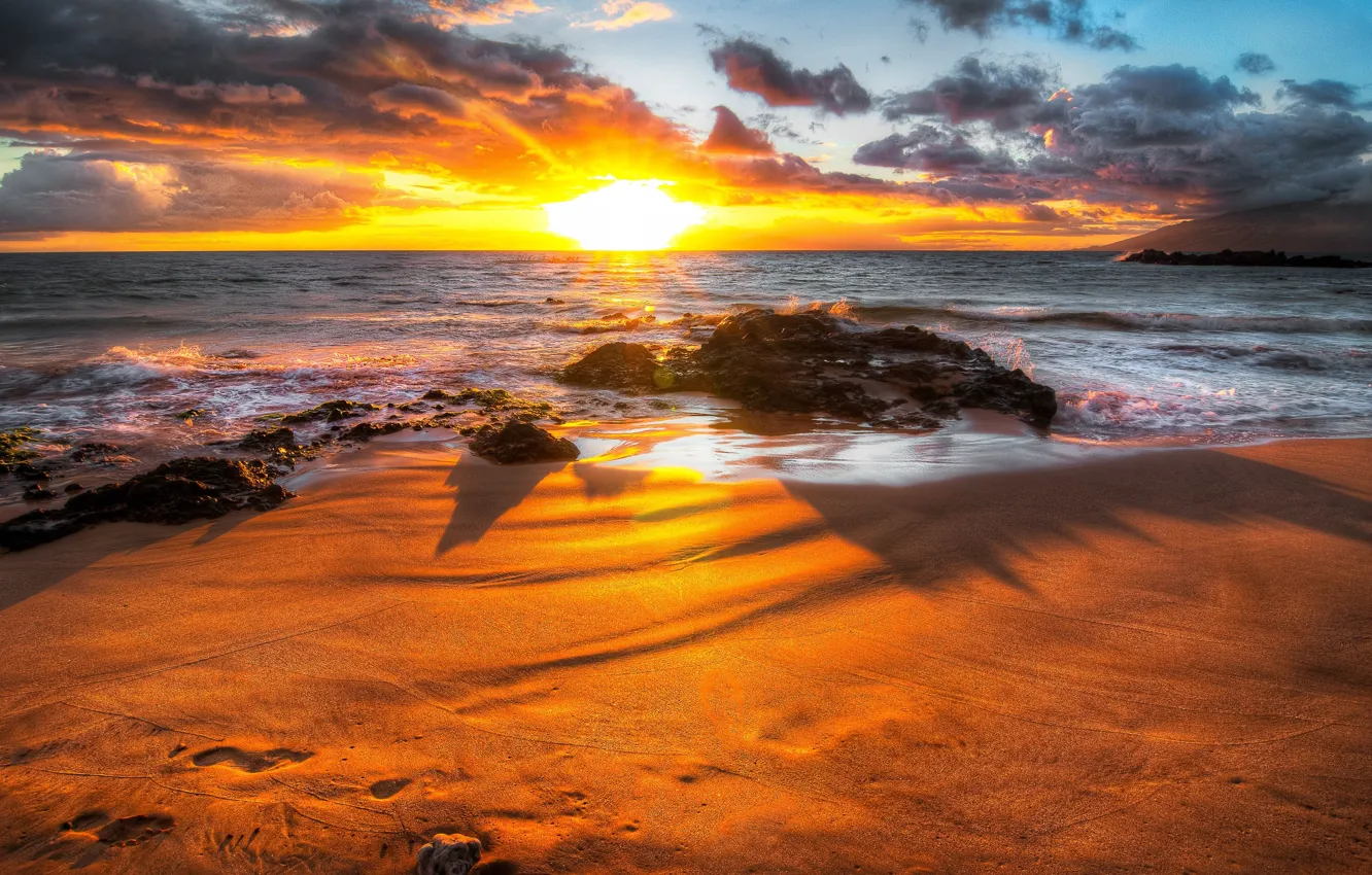 Photo wallpaper sea, wave, the sky, the sun, clouds, sunrise, stones, rocks