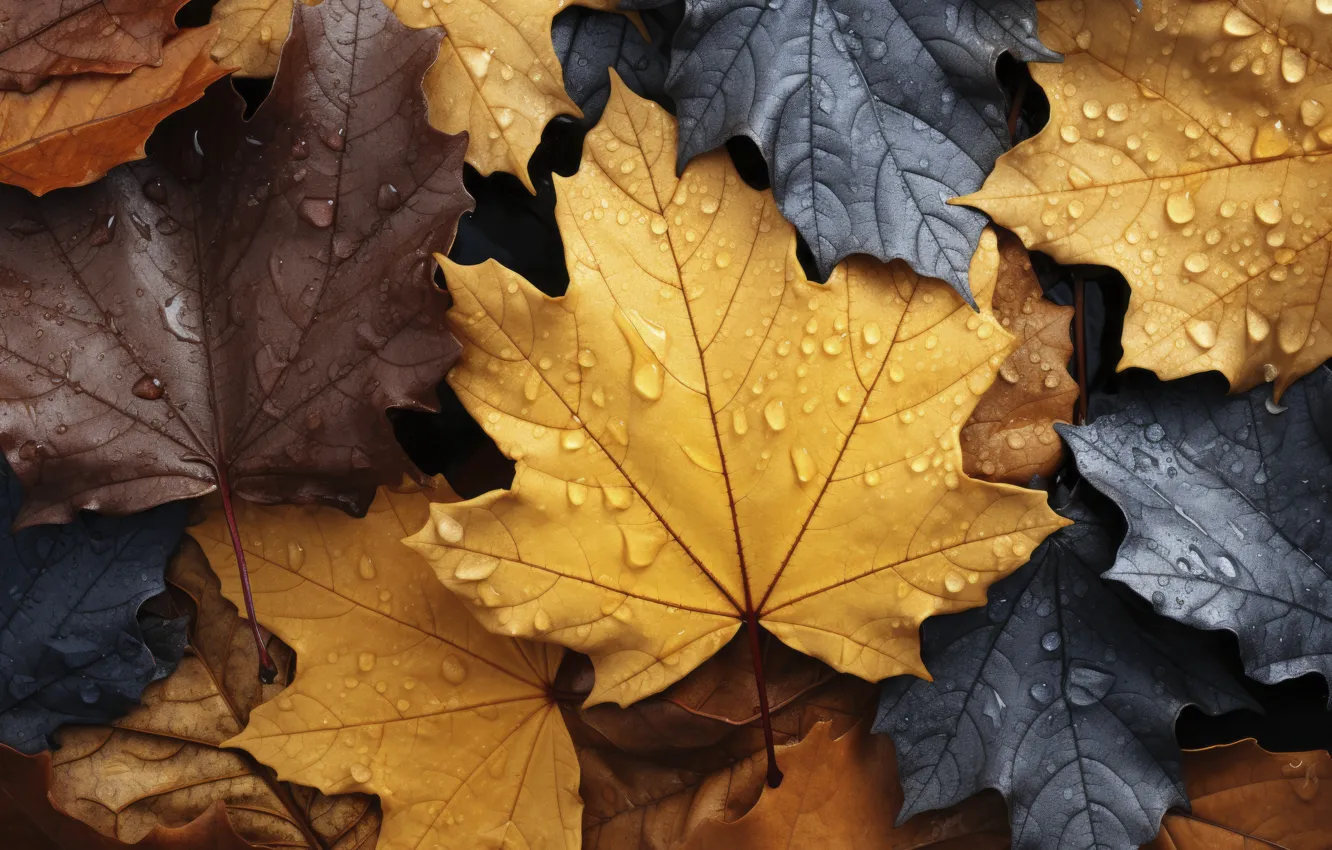 Photo wallpaper autumn, leaves, water, drops, background, rain, maple, close-up