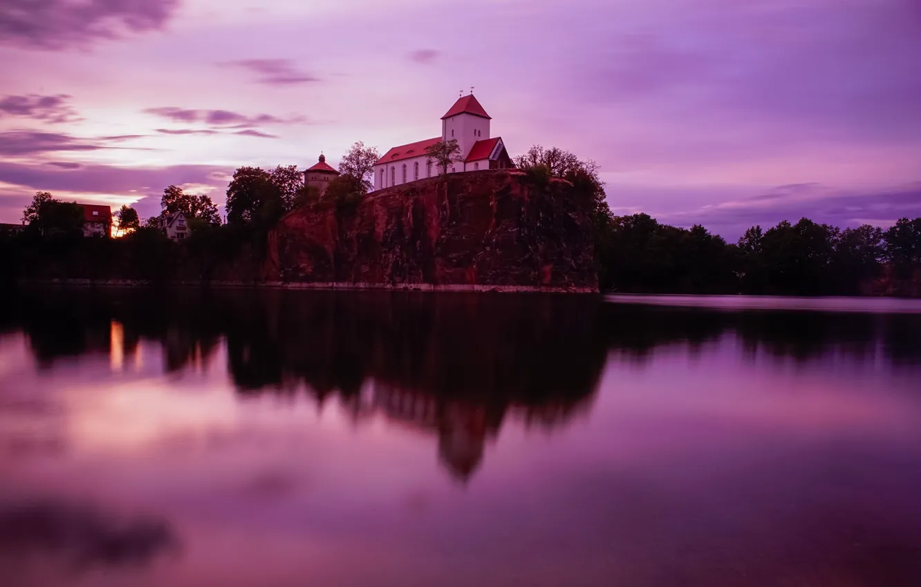 Photo wallpaper lake, rocks, Church