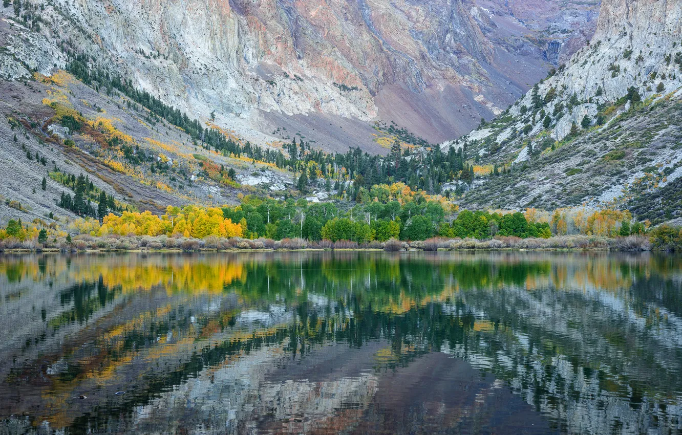 Photo wallpaper autumn, trees, mountains, lake