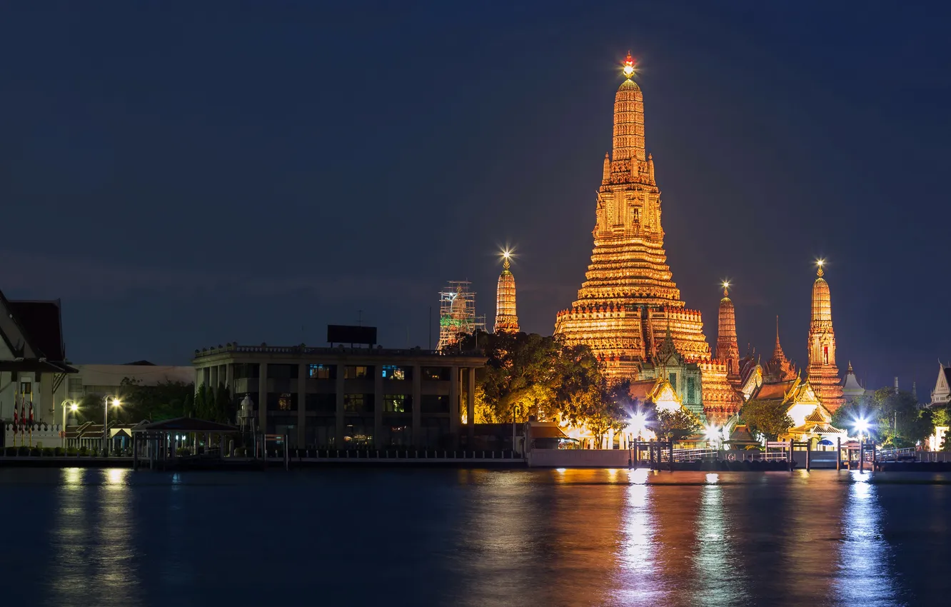 Photo wallpaper night, lights, river, Thailand, Palace, Bangkok