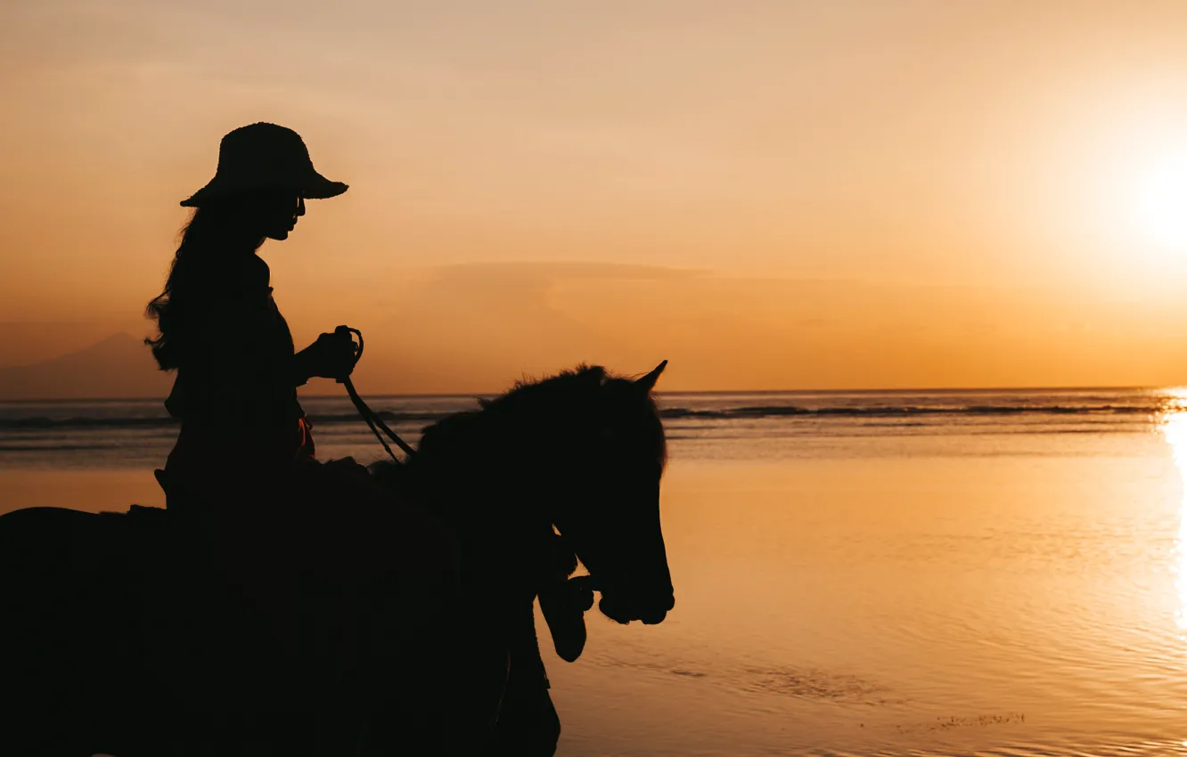 Photo wallpaper sea, beach, the sky, girl, the sun, light, sunset, horse