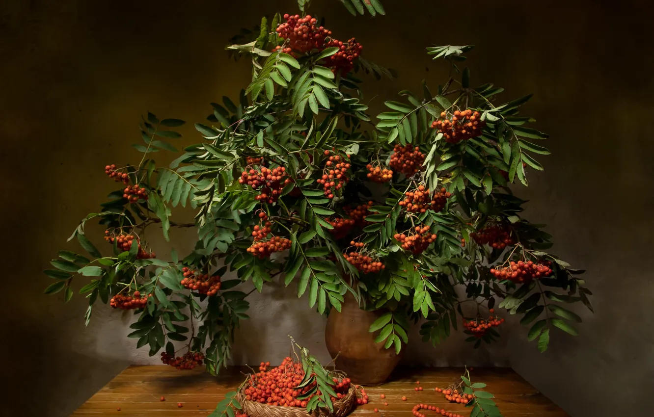 Photo wallpaper autumn, leaves, branches, berries, table, bouquet, pitcher, still life