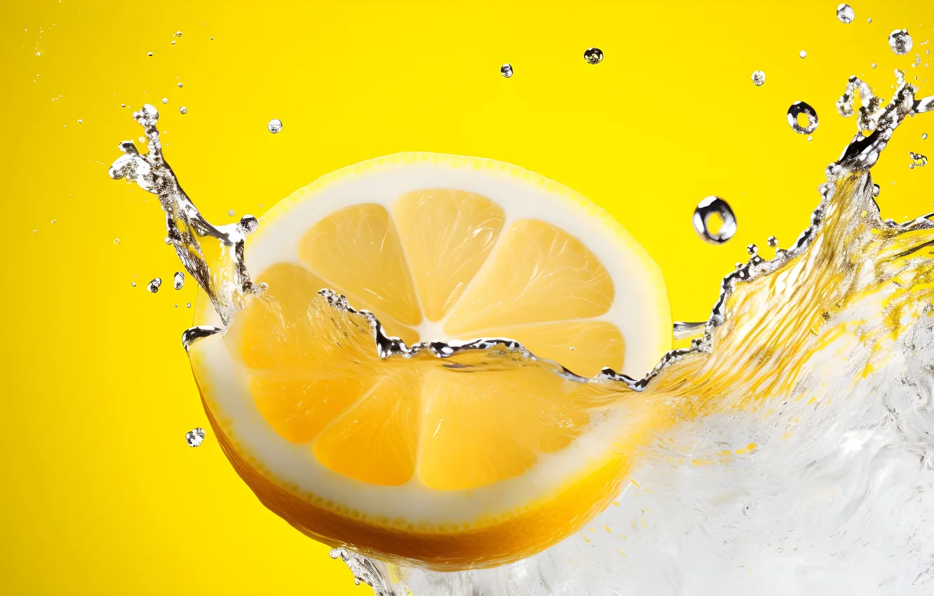 Photo wallpaper water, lemon, splash, yellow background, AI art, neural network