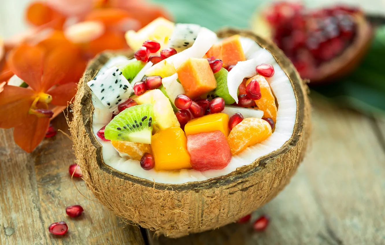 Photo wallpaper coconut, kiwi, fruit, peaches, garnet, tangerines