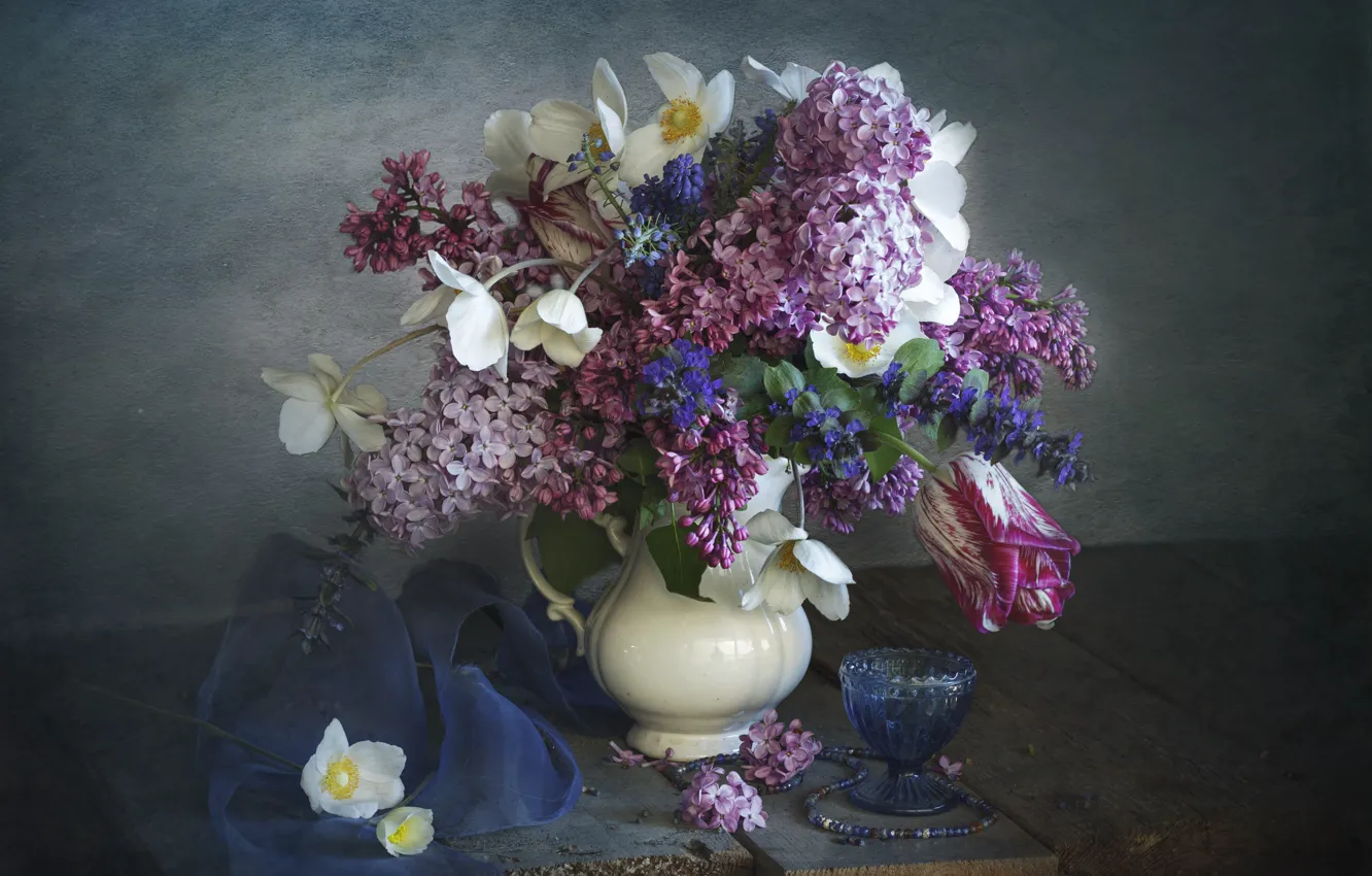 Photo wallpaper flowers, branches, Board, tulips, fabric, pitcher, lilac, anemones
