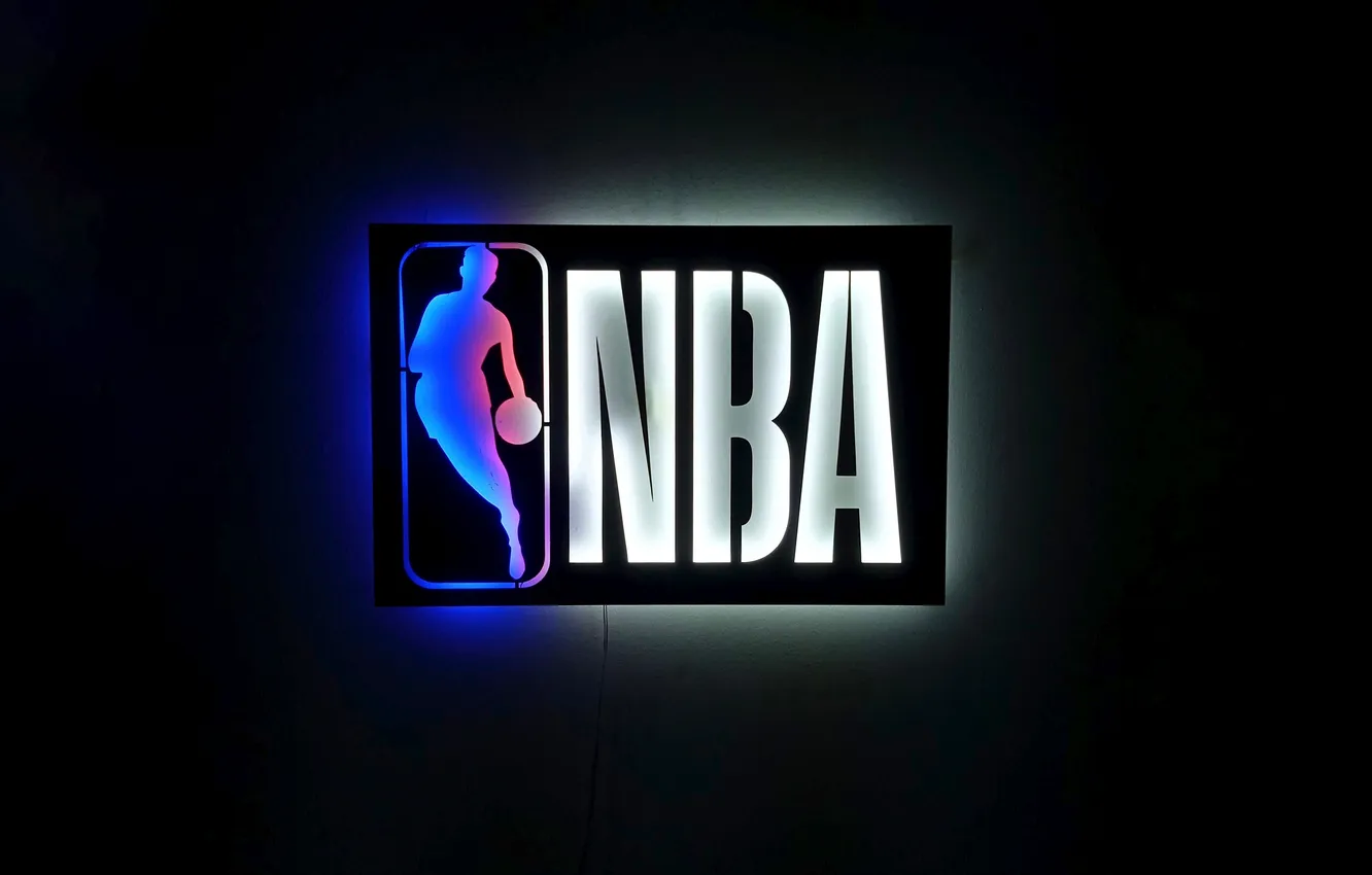 Photo wallpaper logo, basketball, NBA, sports, glowing, dark background, neon sign