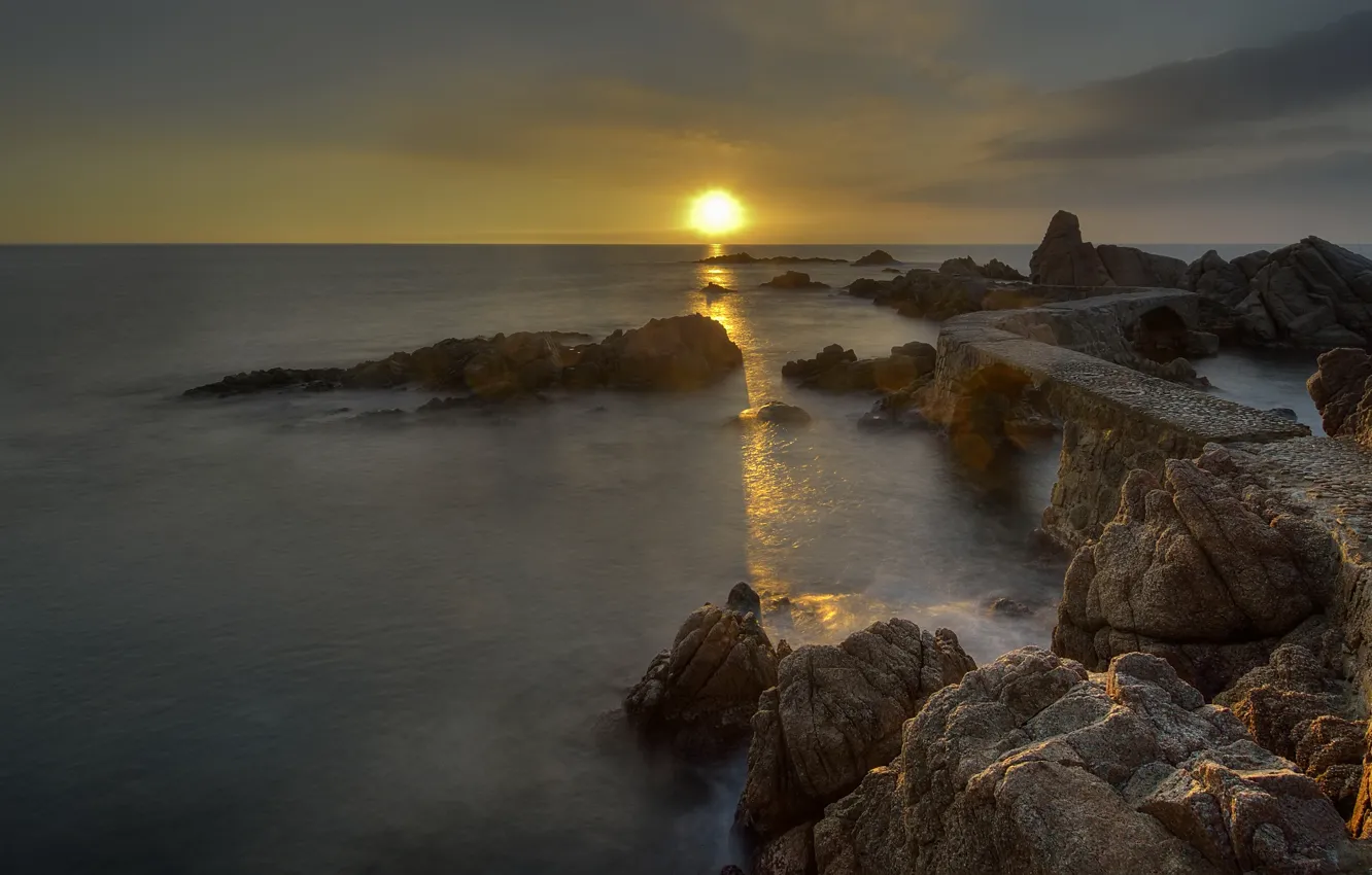 Photo wallpaper sea, the sun, sunset, bridge, stones, rocks, twilight, Wallpaper from lolita777