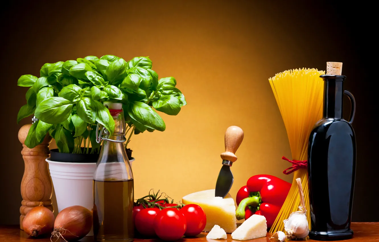 Photo wallpaper leaves, wine, cheese, pepper, pitcher, vegetables, tomatoes, spaghetti