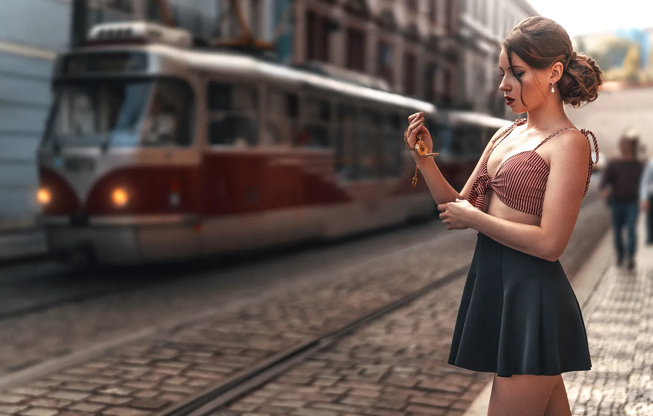 Photo wallpaper road, pose, model, watch, rails, skirt, portrait, home