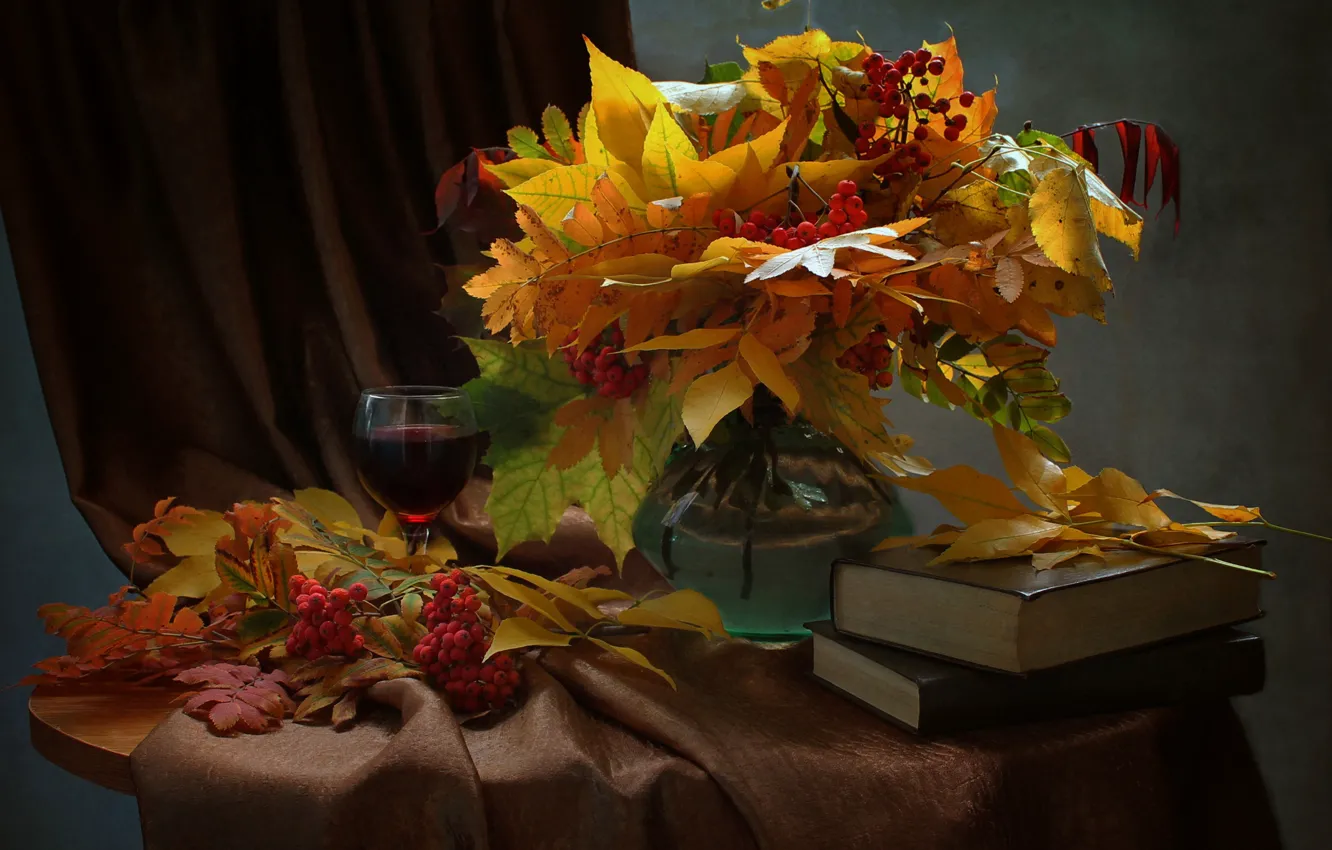 Photo wallpaper leaves, branches, berries, glass, book, vase, drink, still life